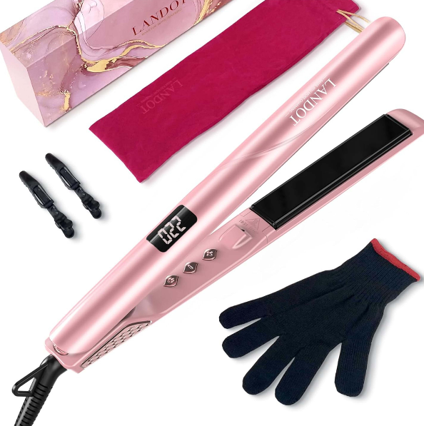 LANDOT Flat Iron Hair Straightener 1-inch: Professional Ceramic Hair Straightening Iron - Dual Voltage Straightener and Curler 2 in 1