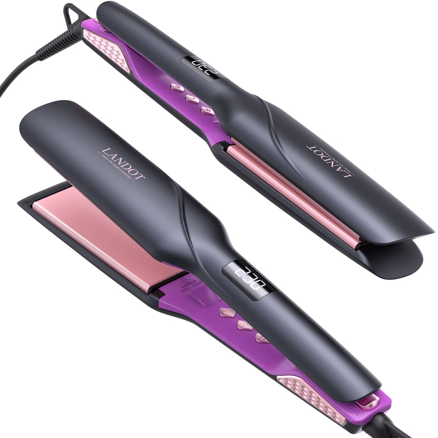 LANDOT Pink Ceramic Flat Iron Hair Straightener, 1.75" Wide Plates, 12 Heat Settings for Thick Hair